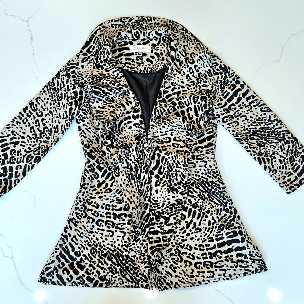 Calvin Klein Leopard Print Ruffle Front Blazer Jacket Open Front - Picture 6 of 11